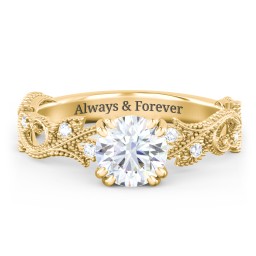 Vintage Leaf and Vine Solitaire Engagement Ring with Milgrain in 10K Solid Yellow Gold