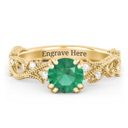 Vintage Leaf and Vine Solitaire Engagement Ring with Milgrain in 10K Solid Yellow Gold with 05EMER-RD-1.00 and Lab Diamond