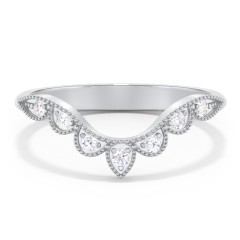 Vintage Curved Leaf Band with Diamond Accents – 14K White Gold with Diamond