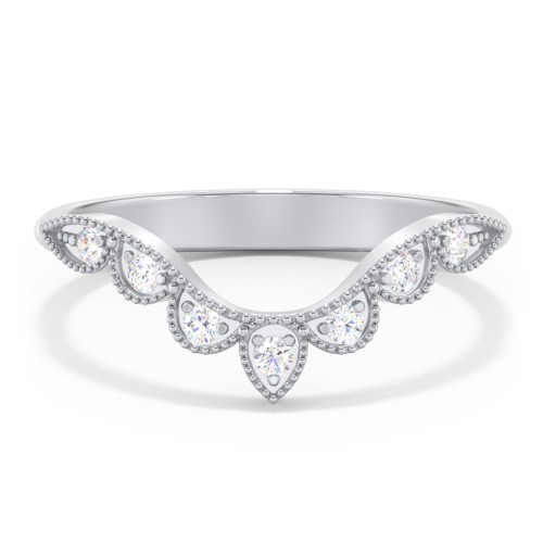 Vintage Curved Leaf Band with Diamond Accents – 14K White Gold with Diamond