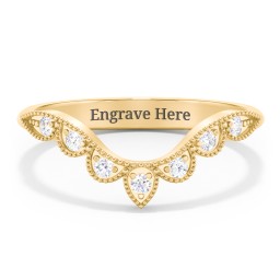 Vintage Curved Leaf Band with Diamond Accents in 10K Solid Yellow Gold with Diamond