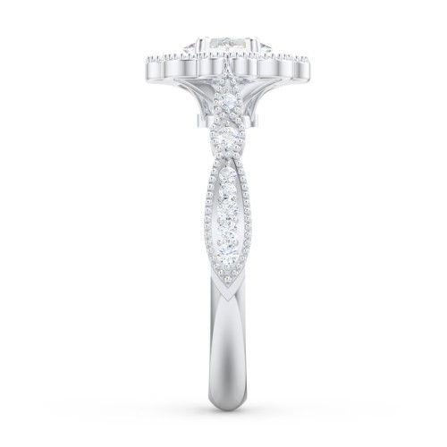 Vintage Solitaire Engagement Ring with Scalloped Halo and Leaf Band – 14K White Gold with Diamond