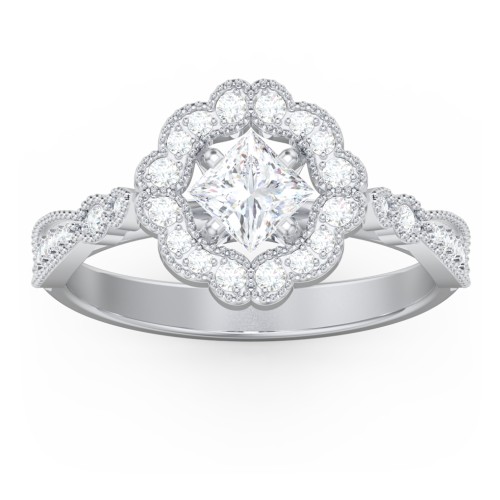 Vintage Solitaire Engagement Ring with Scalloped Halo and Leaf Band – 14K White Gold with Diamond