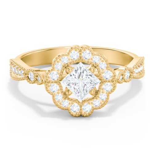 Vintage Solitaire Engagement Ring with Scalloped Halo and Leaf Band – 10K Yellow Gold with Diamond