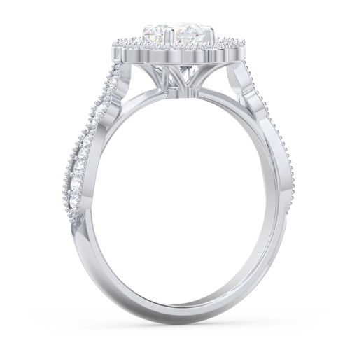Vintage Solitaire Engagement Ring with Scalloped Halo and Leaf Band – 14K White Gold with Diamond