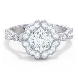 Vintage Solitaire Engagement Ring with Scalloped Halo and Leaf Band