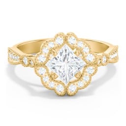 Vintage Solitaire Engagement Ring with Scalloped Halo and Leaf Band