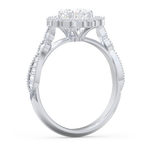 Vintage Solitaire Engagement Ring with Scalloped Halo and Leaf Band – 14K White Gold with Diamond