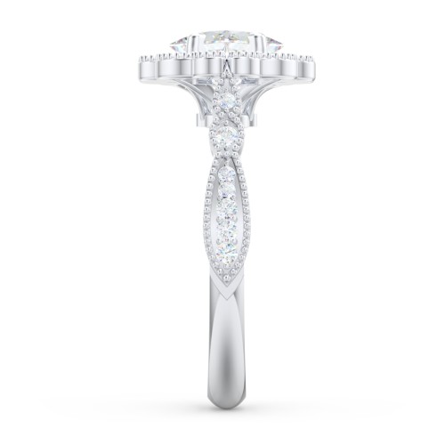 Vintage Solitaire Engagement Ring with Scalloped Halo and Leaf Band – 14K White Gold with Diamond