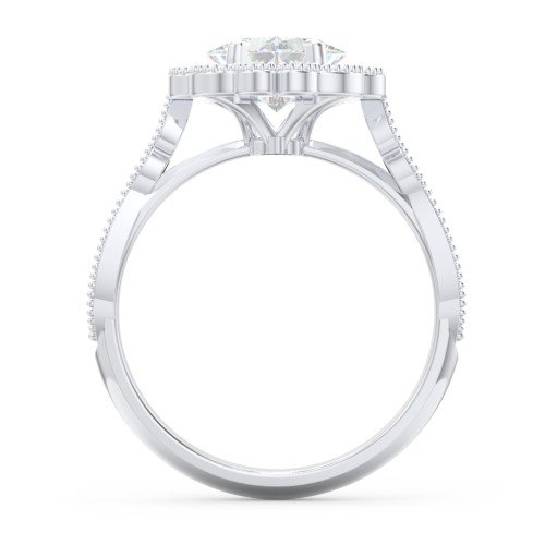 Vintage Solitaire Engagement Ring with Scalloped Halo and Leaf Band – 14K White Gold with Diamond