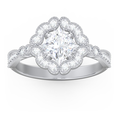 Vintage Solitaire Engagement Ring with Scalloped Halo and Leaf Band – 14K White Gold with Diamond