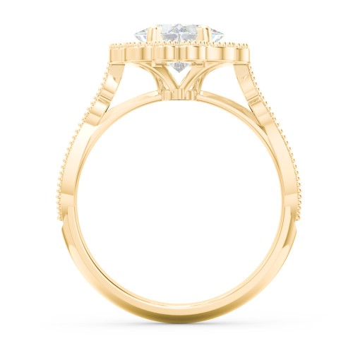 Vintage Solitaire Engagement Ring with Scalloped Halo and Leaf Band – 10K Yellow Gold with Diamond