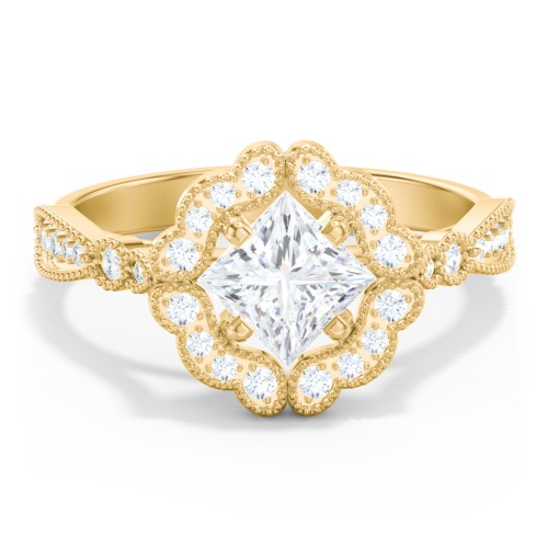 Vintage Solitaire Engagement Ring with Scalloped Halo and Leaf Band – 10K Yellow Gold with Diamond