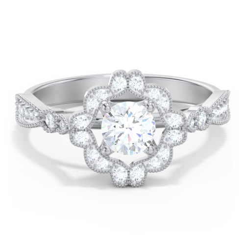 Vintage Solitaire Engagement Ring with Scalloped Halo and Leaf Band – 14K White Gold with Diamond