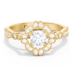 Vintage Solitaire Engagement Ring with Scalloped Halo and Leaf Band in 10K Solid Yellow Gold with 04DIAM-RD-0.50-I1-H-VG and Diamond