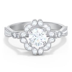 Vintage Solitaire Engagement Ring with Scalloped Halo and Leaf Band