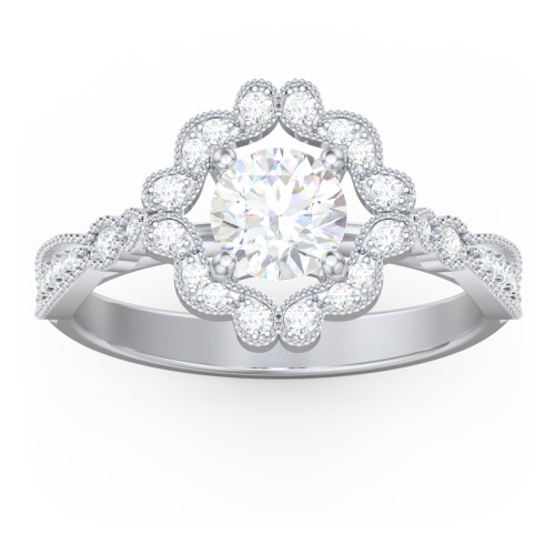 Vintage Solitaire Engagement Ring with Scalloped Halo and Leaf Band – 14K White Gold with Diamond