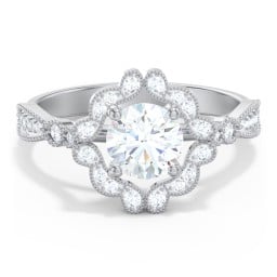 Vintage Solitaire Engagement Ring with Scalloped Halo and Leaf Band