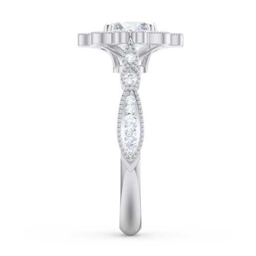 Vintage Solitaire Engagement Ring with Scalloped Halo and Leaf Band – 14K White Gold with Diamond