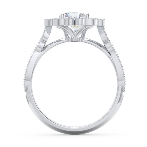 Vintage Solitaire Engagement Ring with Scalloped Halo and Leaf Band – 14K White Gold with Diamond