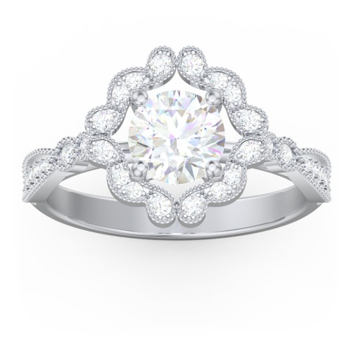 Vintage Solitaire Engagement Ring with Scalloped Halo and Leaf Band – 14K White Gold with Diamond