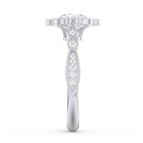 Vintage Solitaire Engagement Ring with Scalloped Halo and Leaf Band – 14K White Gold with Diamond