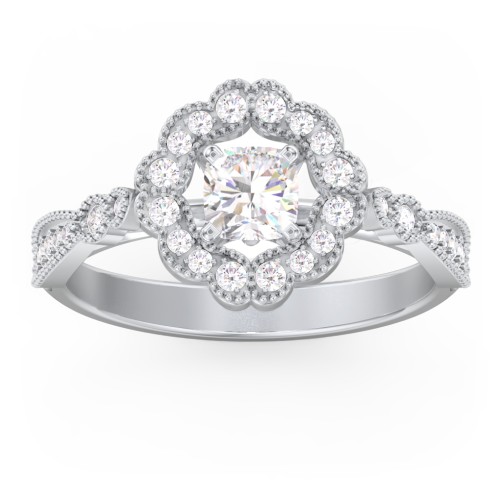 Vintage Solitaire Engagement Ring with Scalloped Halo and Leaf Band – 14K White Gold with Diamond