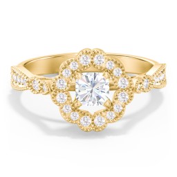 Vintage Solitaire Engagement Ring with Scalloped Halo and Leaf Band in 10K Solid Yellow Gold