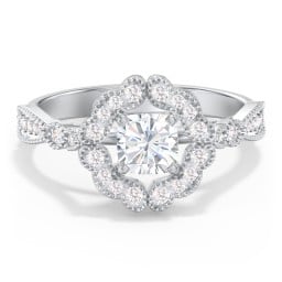 Vintage Solitaire Engagement Ring with Scalloped Halo and Leaf Band