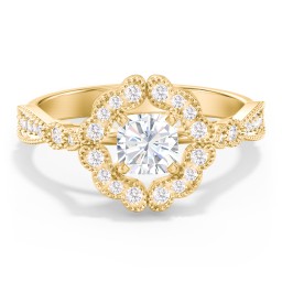Vintage Solitaire Engagement Ring with Scalloped Halo and Leaf Band in 10K Solid Yellow Gold