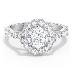 Vintage Solitaire Engagement Ring with Scalloped Halo and Leaf Band