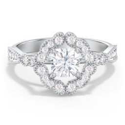 Vintage Solitaire Engagement Ring with Scalloped Halo and Leaf Band