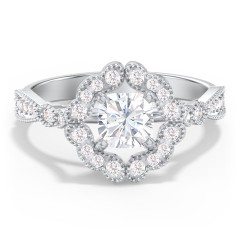Vintage Solitaire Engagement Ring with Scalloped Halo and Leaf Band – 10K Yellow Gold with Diamond