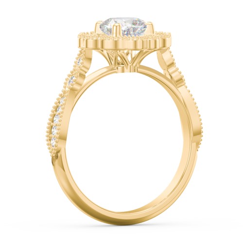 Vintage Solitaire Engagement Ring with Scalloped Halo and Leaf Band – 10K Yellow Gold with Diamond