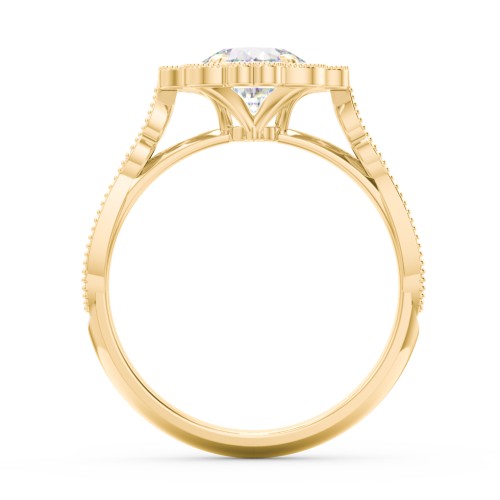 Vintage Solitaire Engagement Ring with Scalloped Halo and Leaf Band – 10K Yellow Gold with Diamond