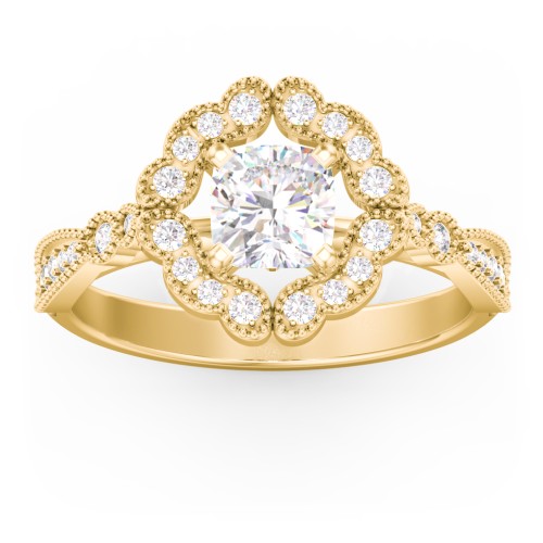 Vintage Solitaire Engagement Ring with Scalloped Halo and Leaf Band – 10K Yellow Gold with Diamond