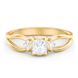 3 Stone Diamond Engagement Ring with Split Shank and Peek-A-Boo Accents in 10K Solid Yellow Gold