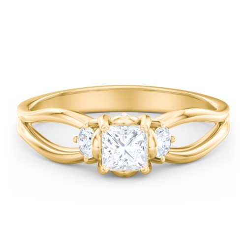 3 Stone Diamond Engagement Ring with Split Shank and Peek-A-Boo Accents – 10K Yellow Gold with Diamond