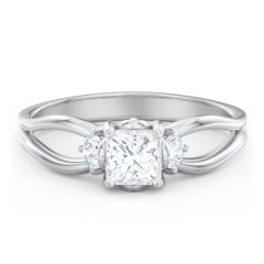 3 Stone Diamond Engagement Ring with Split Shank and Peek-A-Boo Accents – 14K White Gold with Diamond