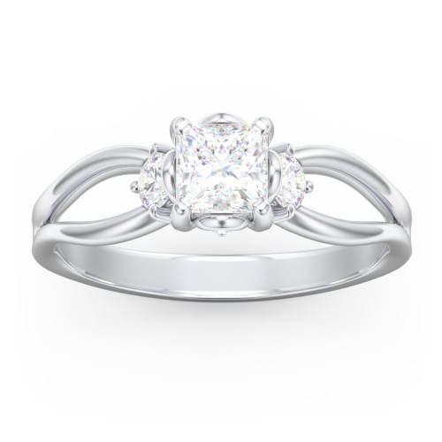 3 Stone Diamond Engagement Ring with Split Shank and Peek-A-Boo Accents – 14K White Gold with Diamond