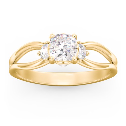 3 Stone Diamond Engagement Ring with Split Shank and Peek-A-Boo Accents – 10K Yellow Gold with Diamond