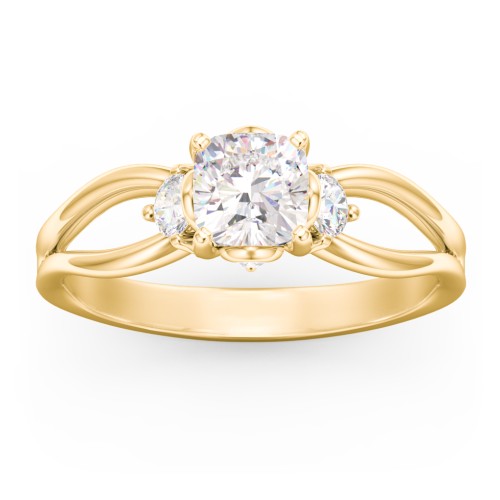 3 Stone Diamond Engagement Ring with Split Shank and Peek-A-Boo Accents – 10K Yellow Gold with Diamond