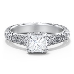 Diamond Solitaire Ring with Pierced Hollow Band – 14K White Gold