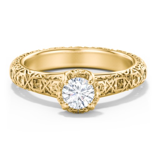 Diamond Solitaire Ring with Pierced Hollow Band – 10K Yellow Gold