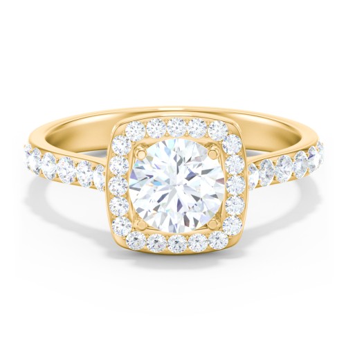 Diamond Solitaire Engagement Ring with Cushion Halo and Accents – 10K Yellow Gold with Diamond