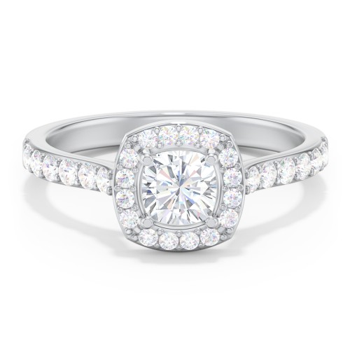 Diamond Solitaire Engagement Ring with Cushion Halo and Accents – 14K White Gold with Diamond