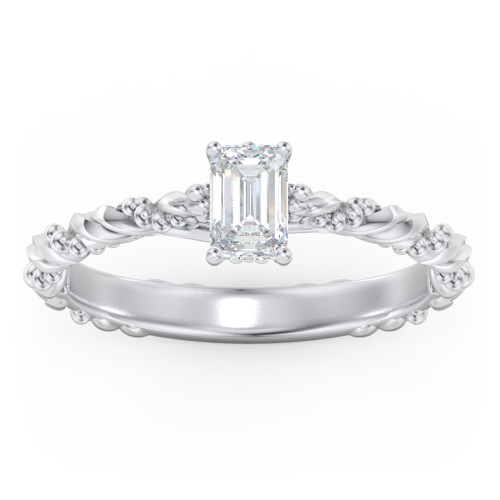 Vintage Solitaire Engagement Ring with Beaded Twisted Rope Band – 14K White Gold