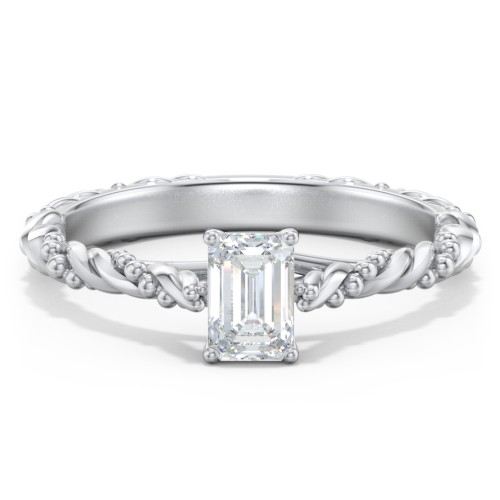 Vintage Solitaire Engagement Ring with Beaded Twisted Rope Band – 14K White Gold