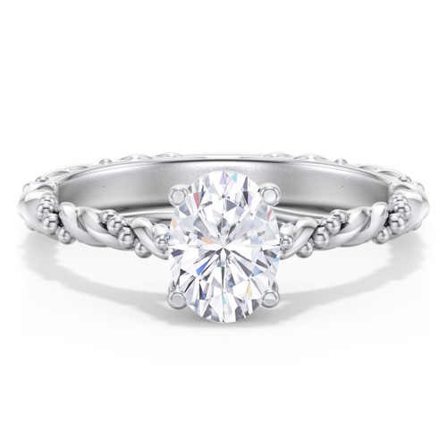 Vintage Solitaire Engagement Ring with Beaded Twisted Rope Band – 14K White Gold