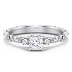 Vintage Solitaire Engagement Ring with Beaded Twisted Rope Band – 14K White Gold